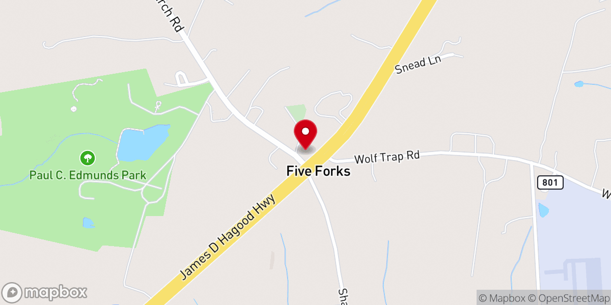 Map showing location of Five Forks Baptist Church