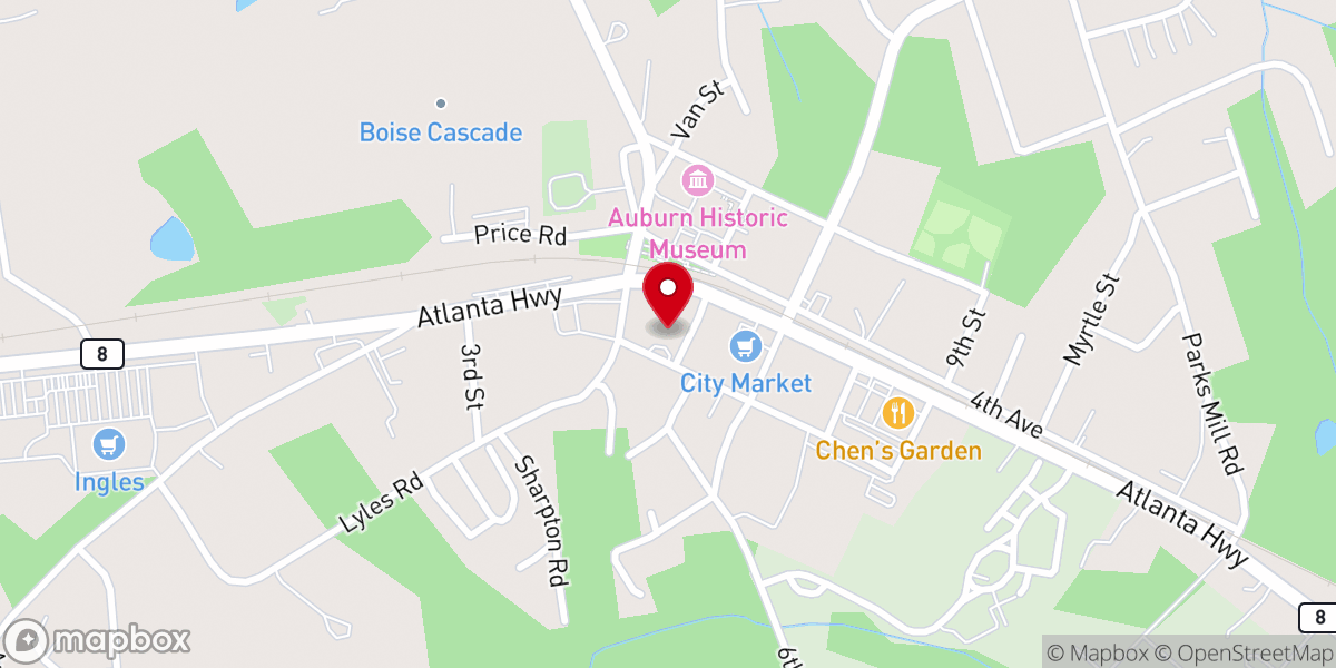Map showing location of Auburn First Baptist Church