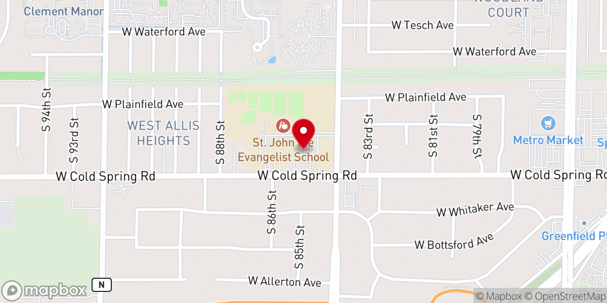 Map showing location of St John the Evangelist Catholic Church & School