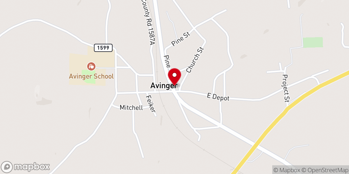 Map showing location of AVINGER CITY HALL