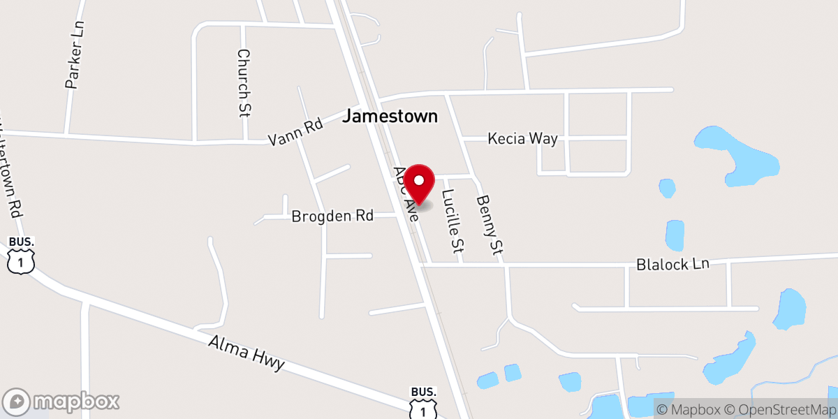 Map showing location of Jamestown Baptist Church