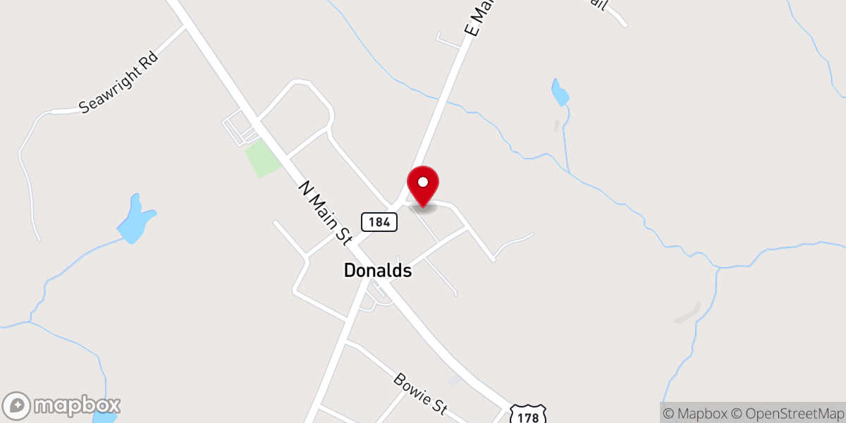 Map showing location of Donalds United Methodist Church