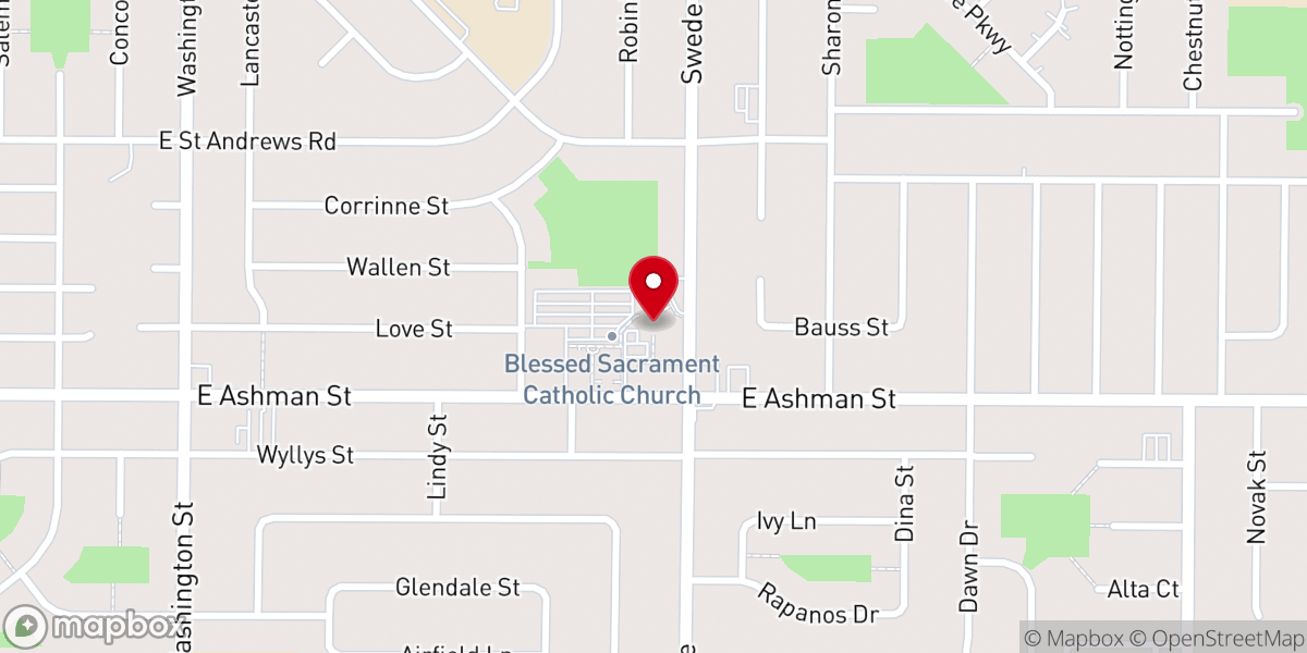 Map showing location of Blessed Sacrament Catholic Church Parish Center