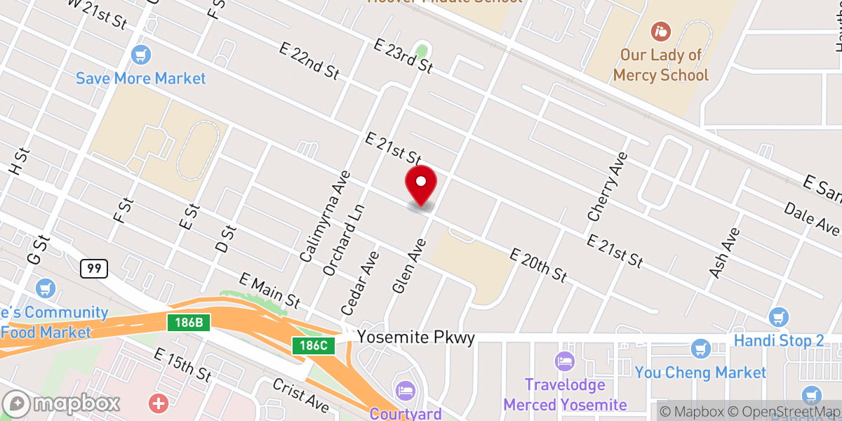 Map showing location of This Aint Your Mamas Church of Merced