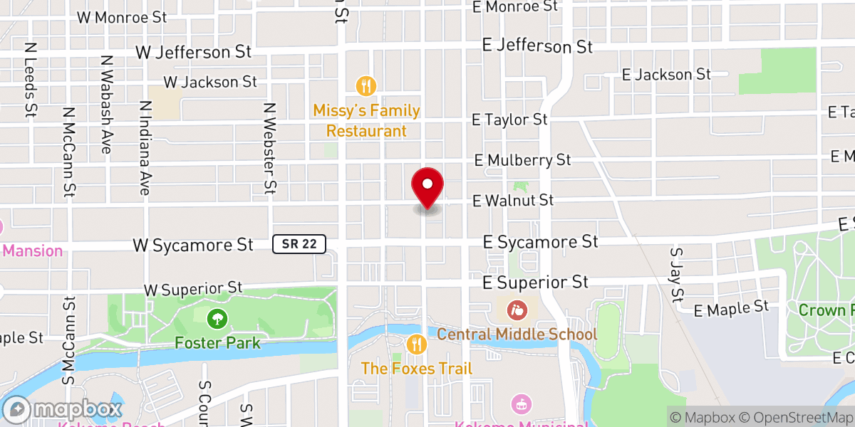 Map showing location of Crossroads Community Church - Downtown Kokomo Campus