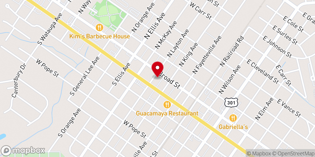 Map showing location of First Baptist Church of Dunn