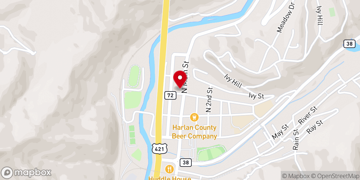 Map showing location of Harlan Baptist Church
