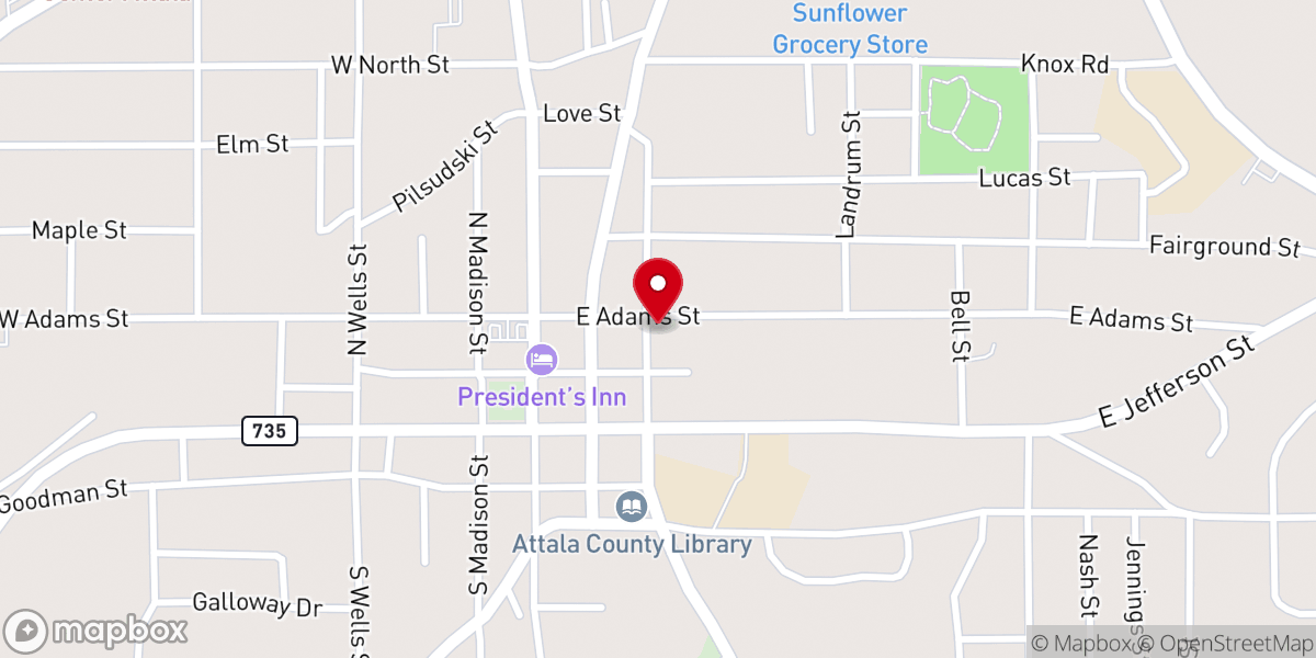 Map showing location of Kosciusko First Baptist Church