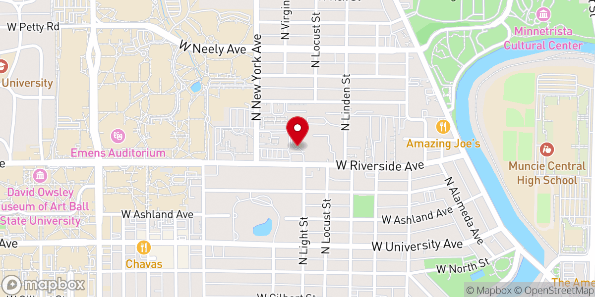 Map showing location of Ball State University Newman Center