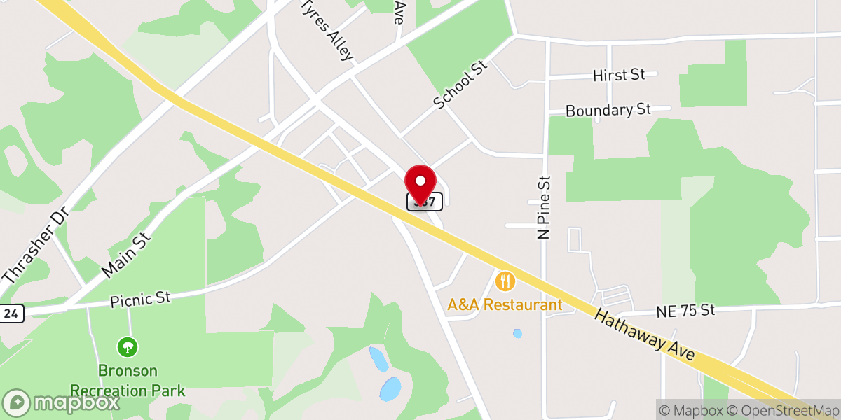 Map showing location of First Baptist Church of Bronson