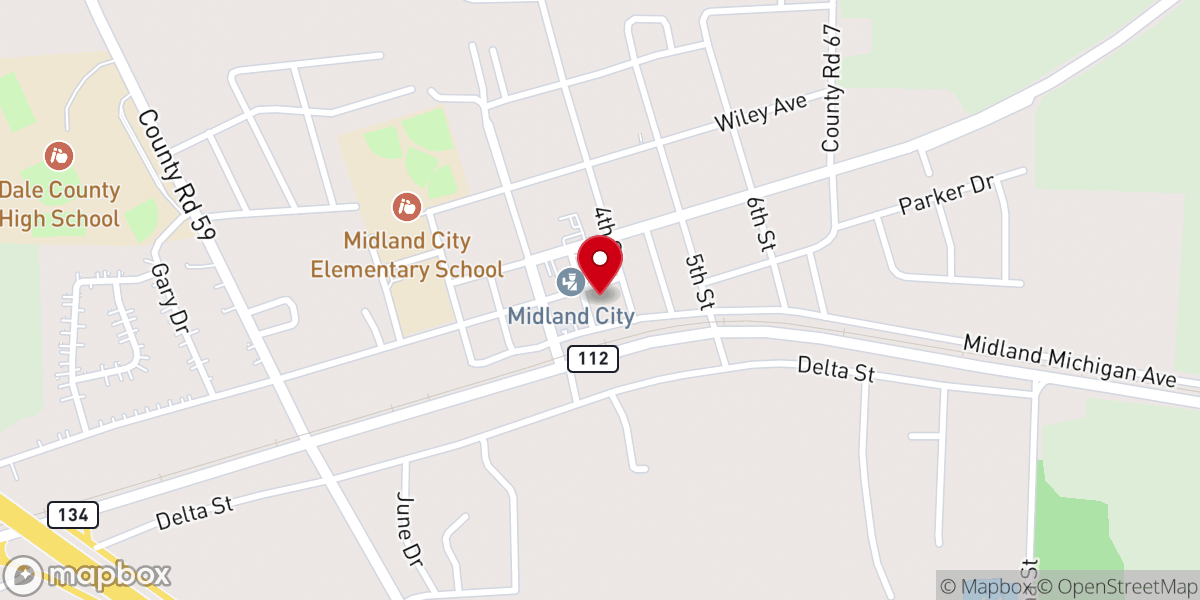 Map showing location of Midland City United Methodist Church