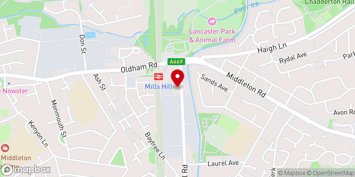 Map showing location of Mills Hill Baptist Church