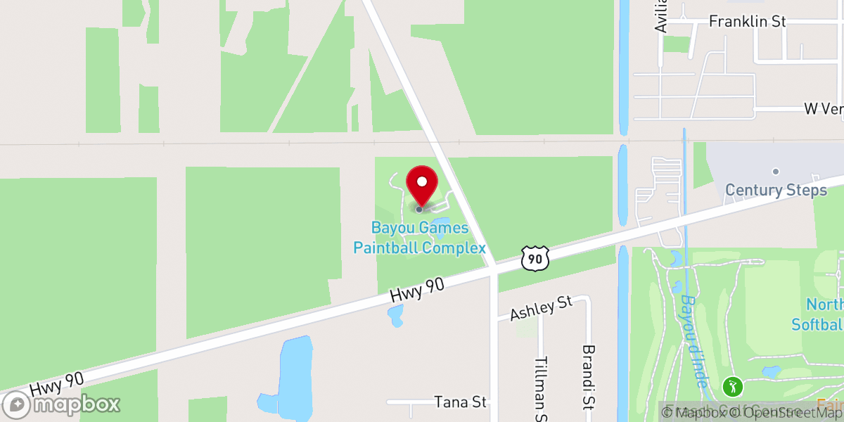 Map showing location of Bayou Games Paintball & Airsoft Complex