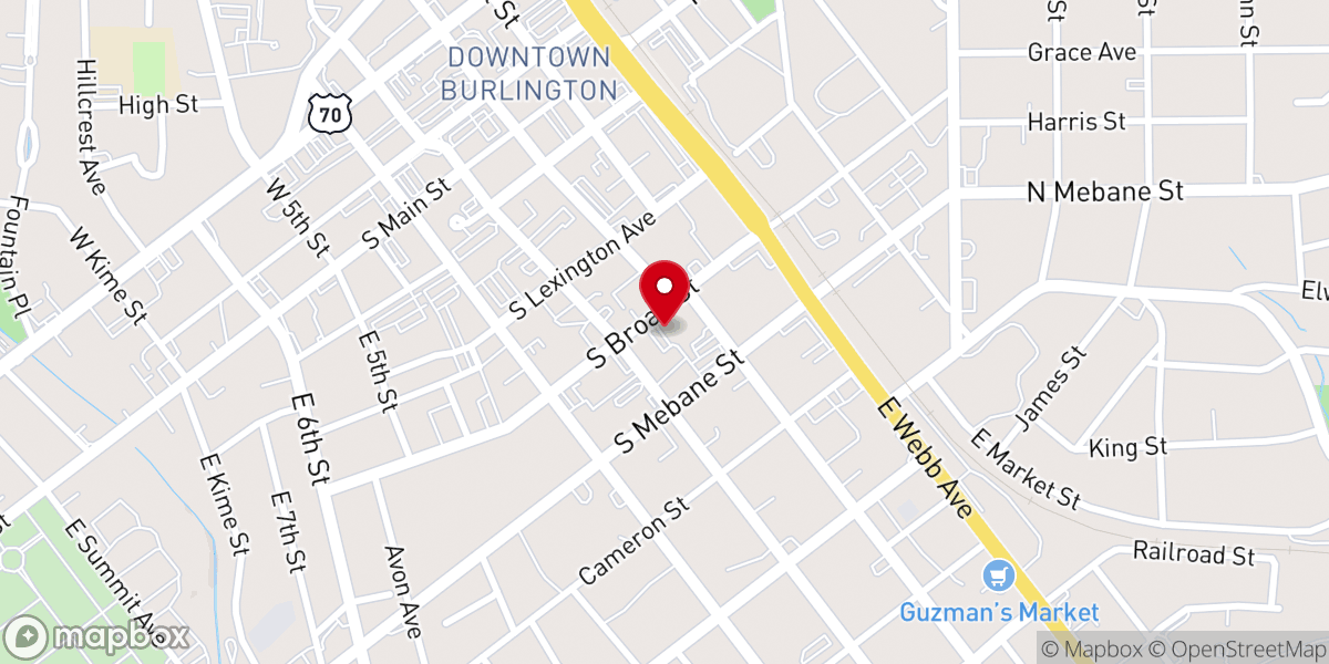 Map showing location of First Baptist Church of Burlington on Broad St.
