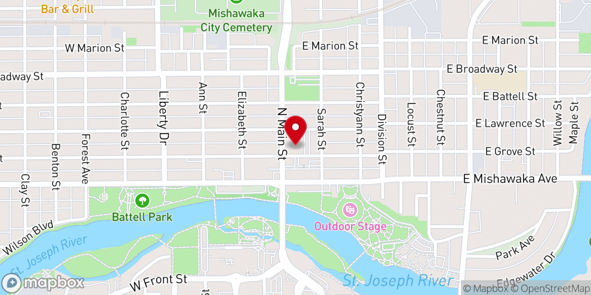 Map showing location of First Baptist Church of Mishawaka