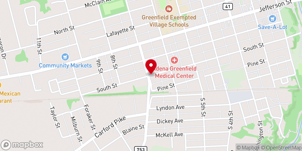 Map showing location of First Presbyterian Church of Greenfield Ohio