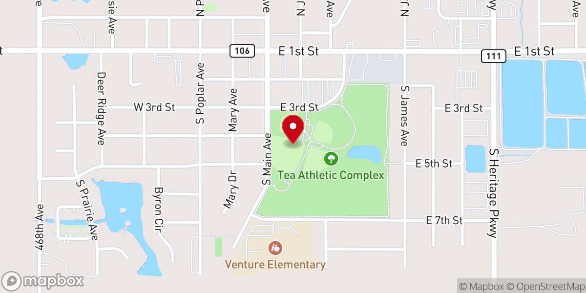 Map showing location of Tea Baseball Field