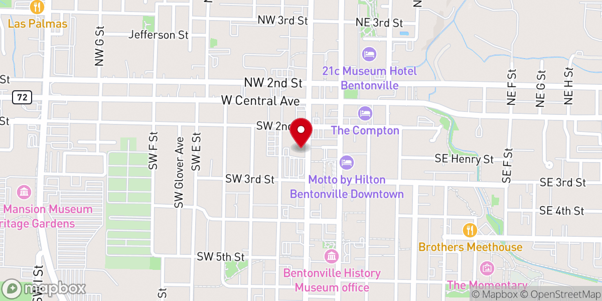 Map showing location of First Baptist Church of Bentonville