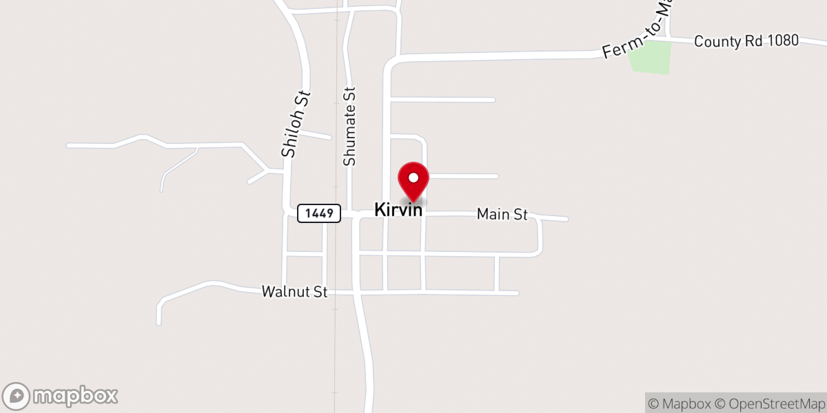 Map showing location of Kirvin Baptist Church
