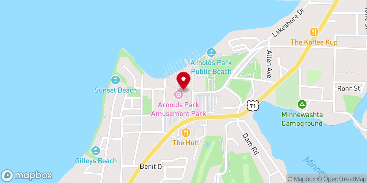 Map showing location of Arnolds Park Amusement Park
