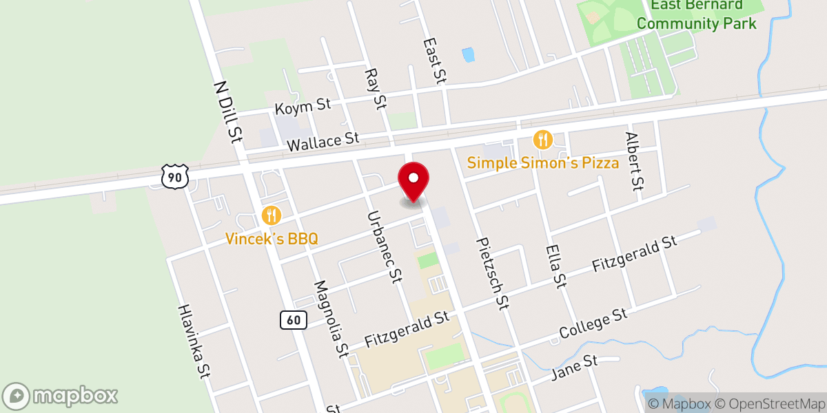 Map showing location of East Bernard City Hall