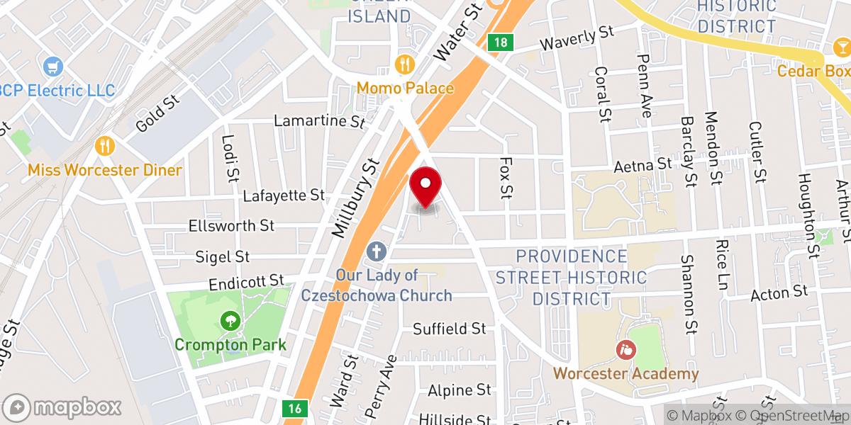 Map showing location of Worcester Debre Genet Kidist Kidane Meheret Ethiopian Orthodox Tewahedo Church (Covenant of Mercy Church)