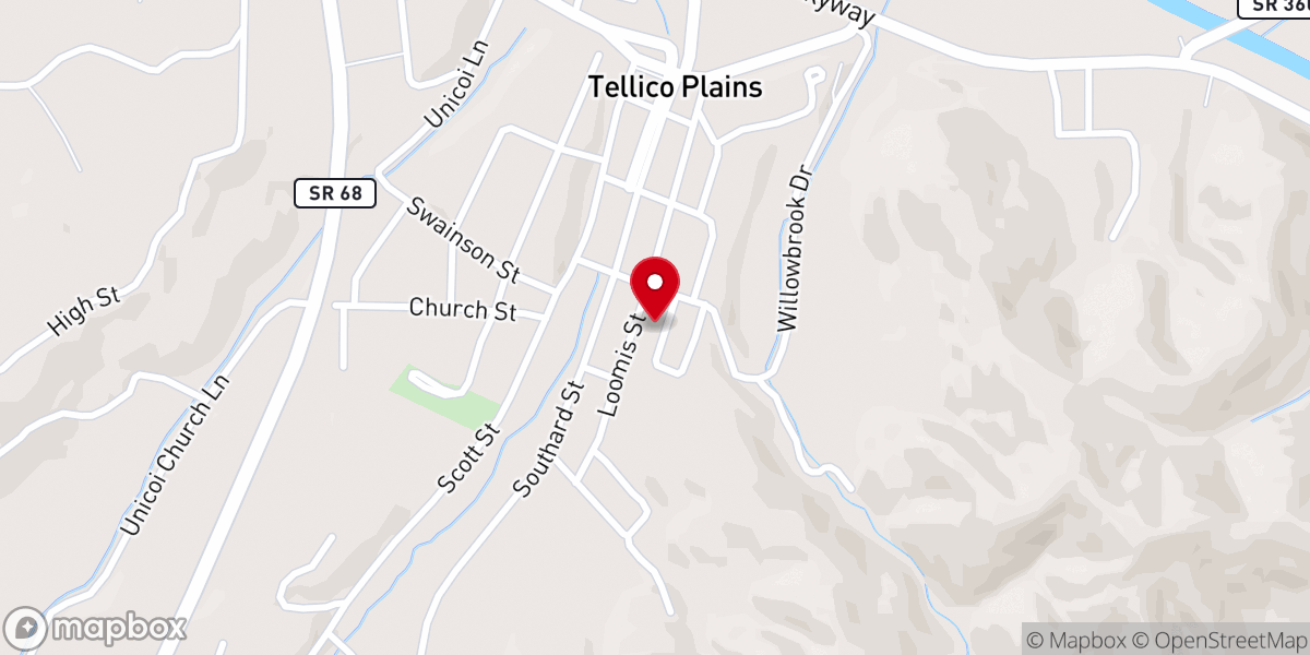 Map showing location of Tellico Plains Church of God