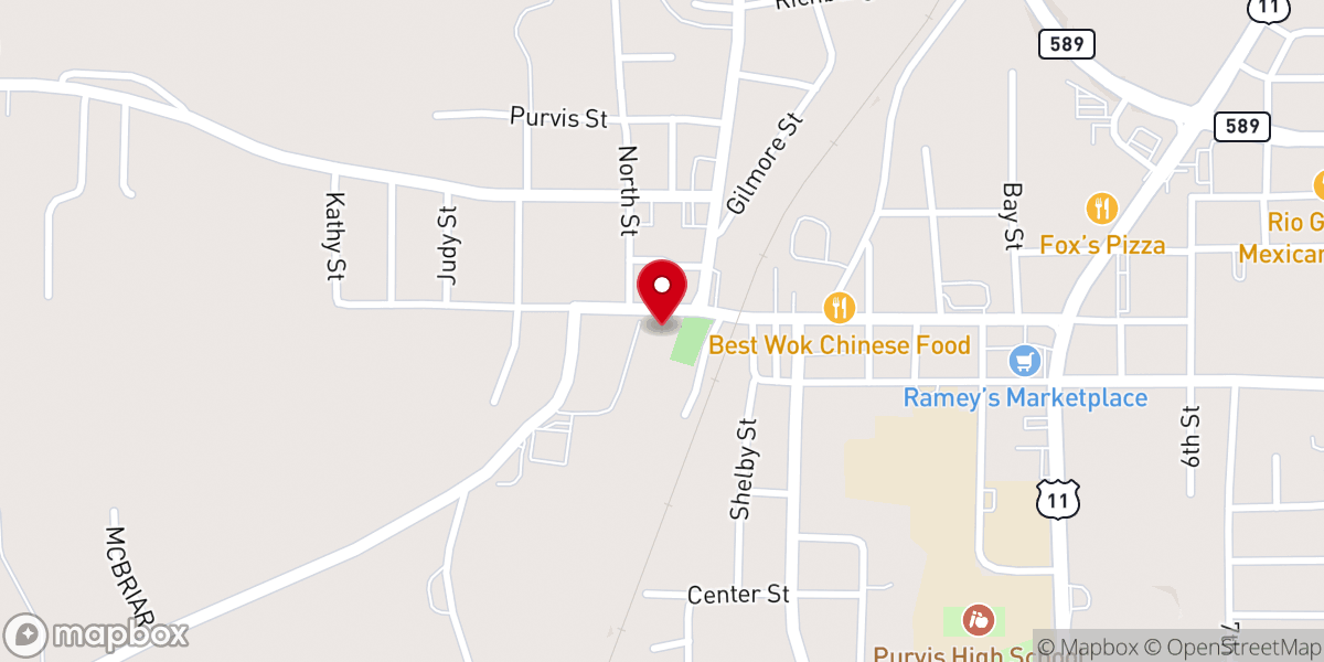 Map showing location of First Baptist Church of Purvis