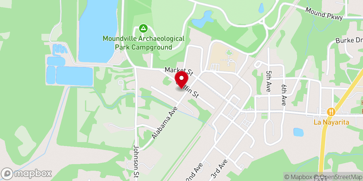 Map showing location of First Missionary Baptist Church of Moundville