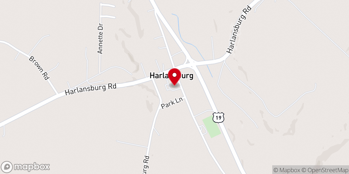 Map showing location of Harlansburg Presbyterian Church