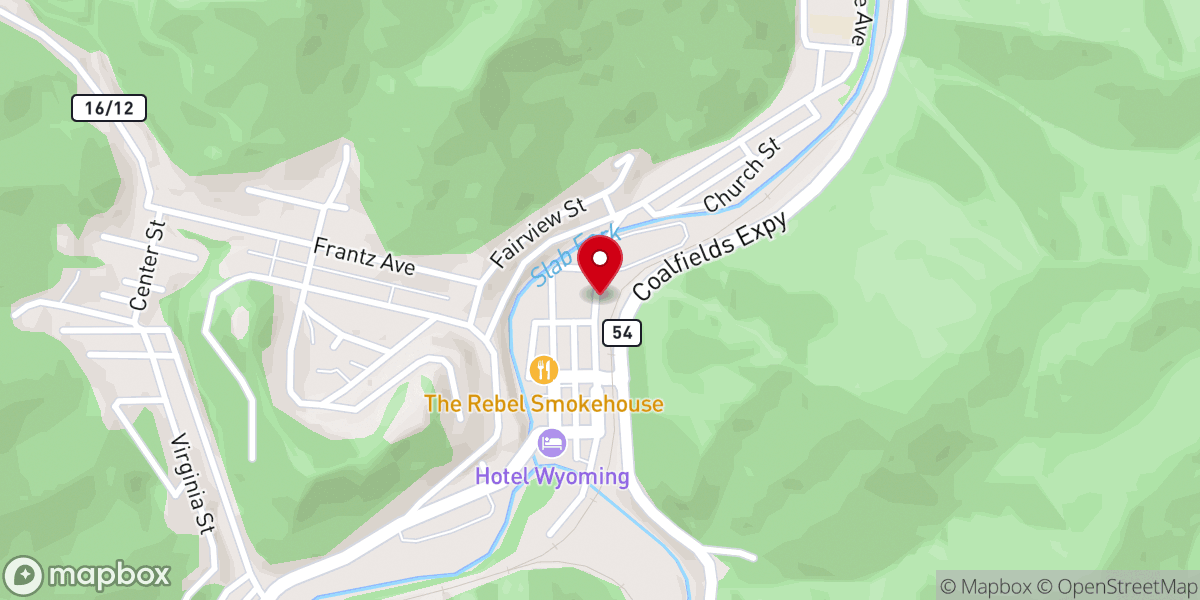 Map showing location of Moose Lodge of Mullens