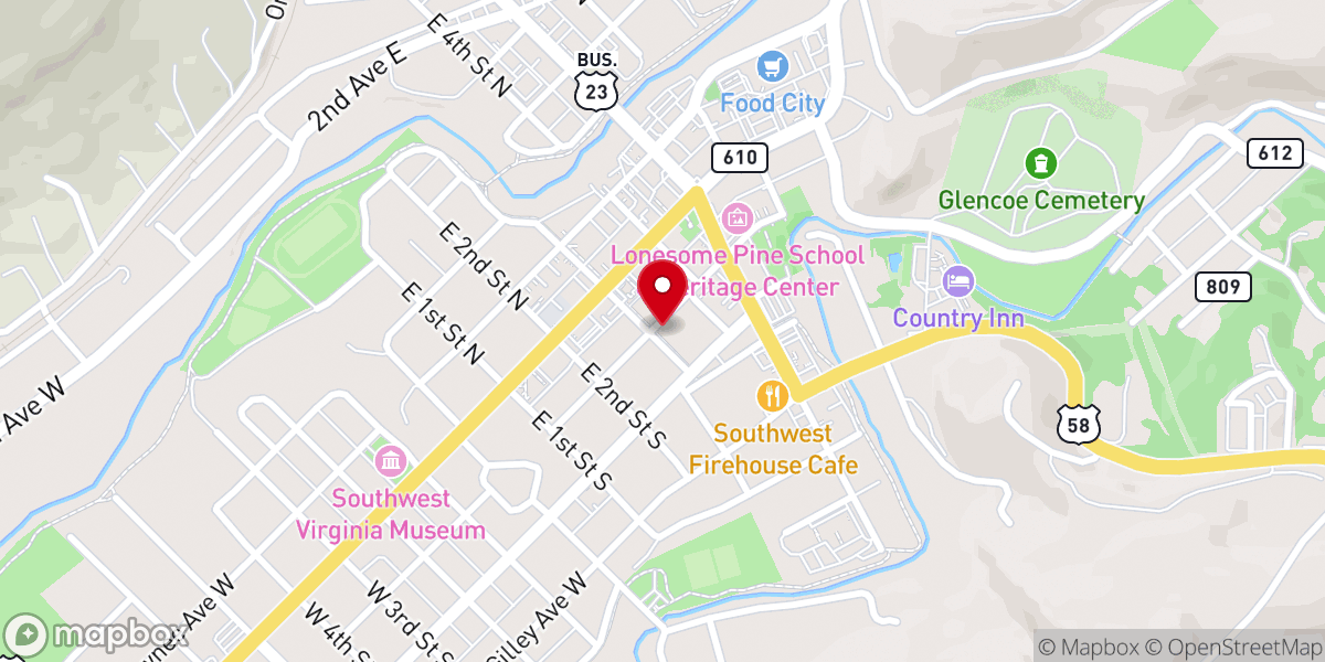 Map showing location of Big Stone Gap Presbyterian Church