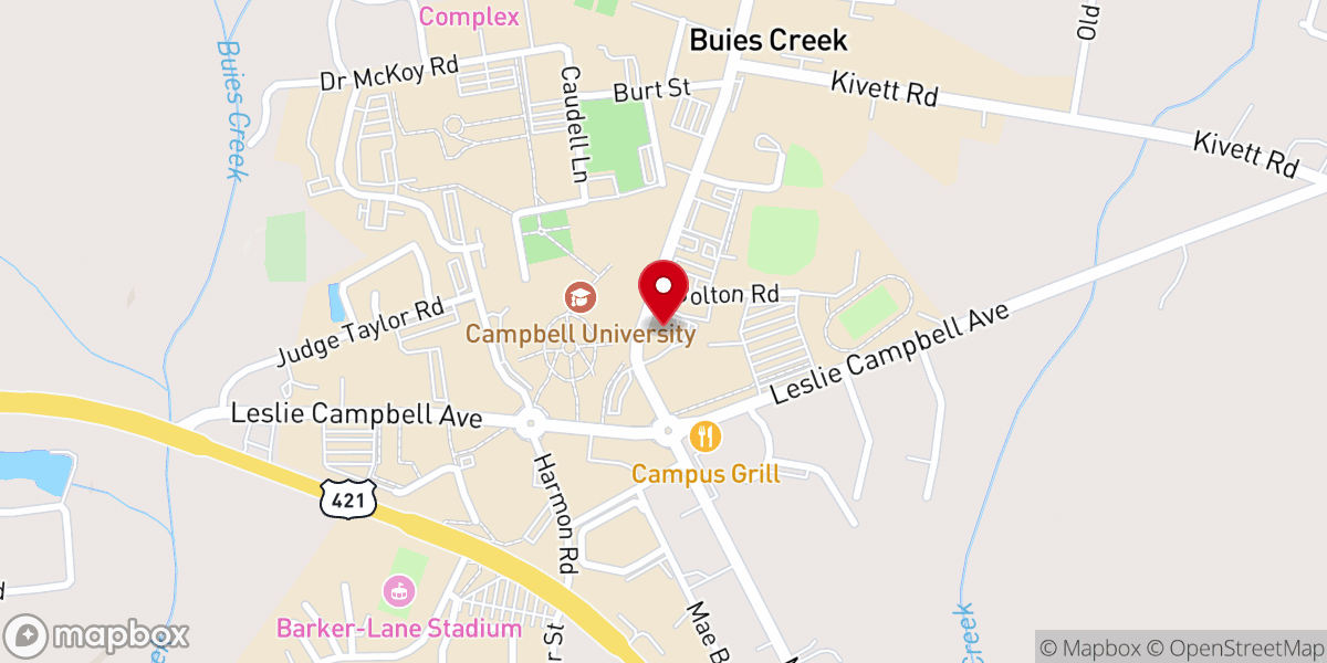 Map showing location of Buies Creek First Baptist Church