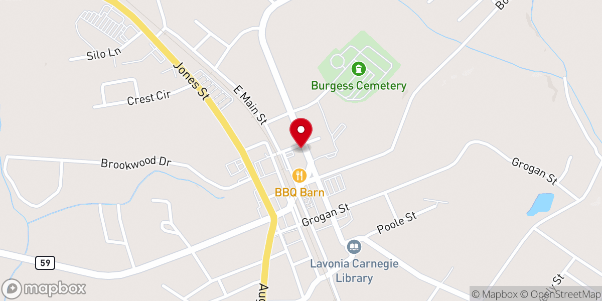 Map showing location of Lavonia Presbyterian Church USA