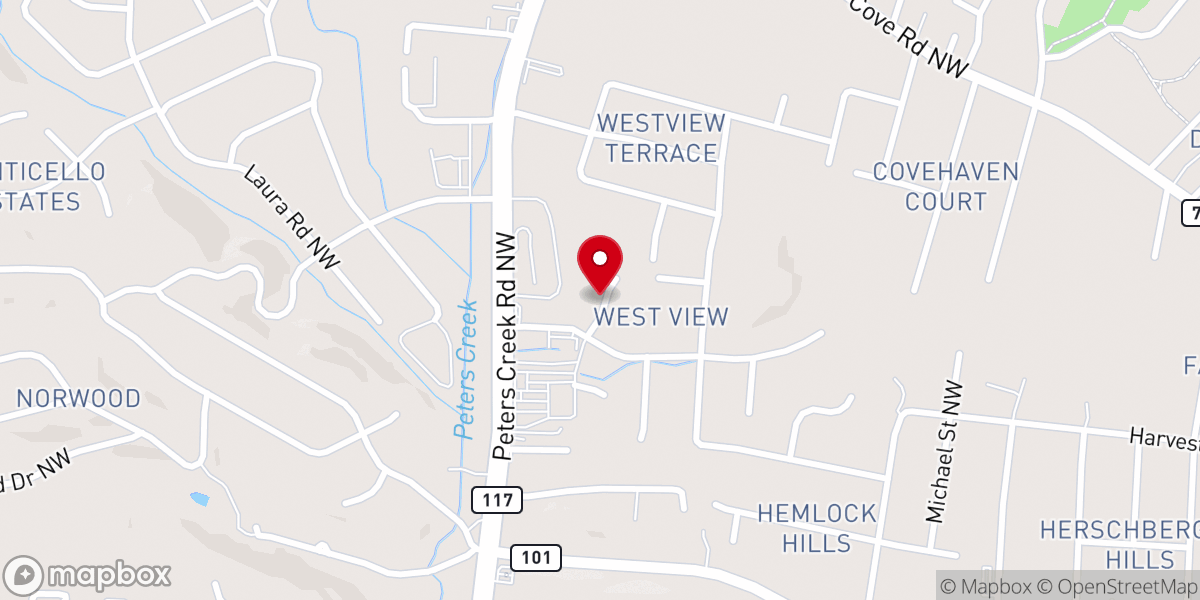 Map showing location of Roanoke Valley Gospel Assembly