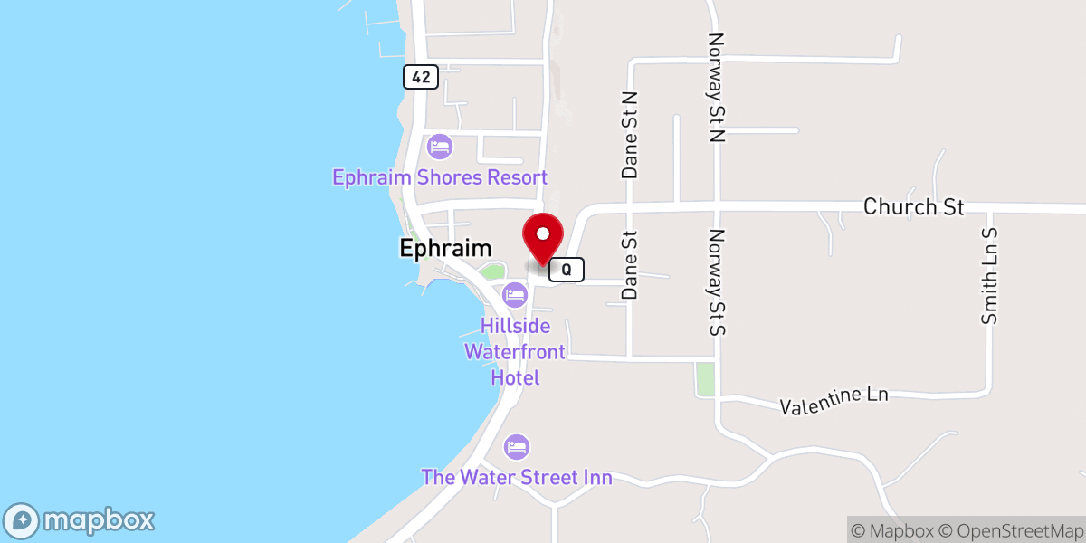 Map showing location of Bethany Lutheran Church - Ephraim, WI