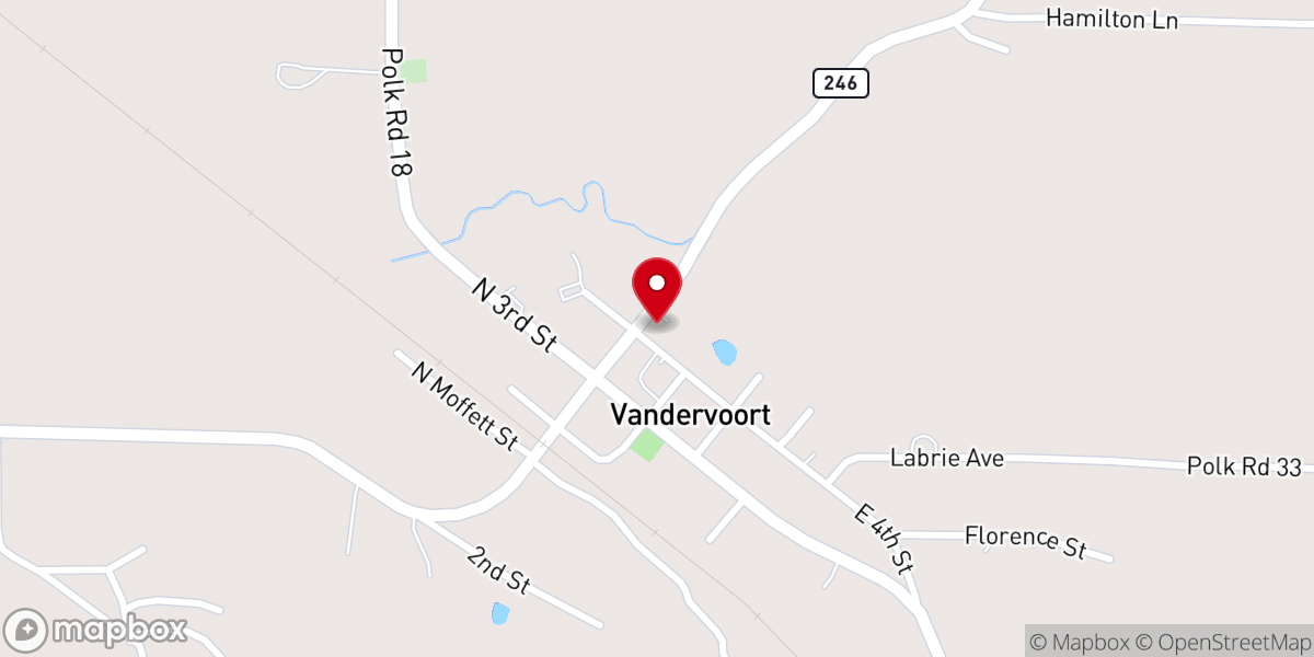 Map showing location of Vandervoort First Baptist Church