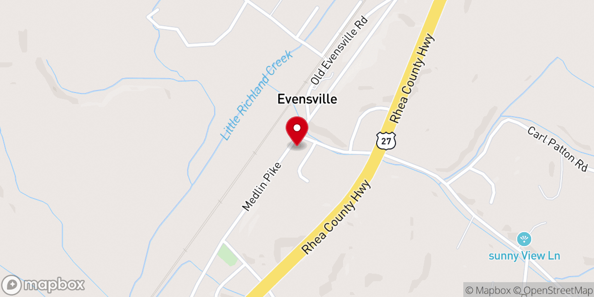 Map showing location of First Baptist Church of Evensville, TN