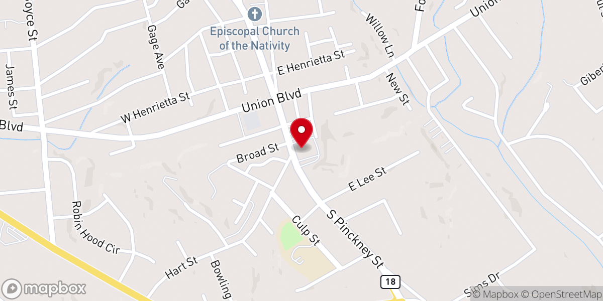 Map showing location of Tabernacle Baptist Church