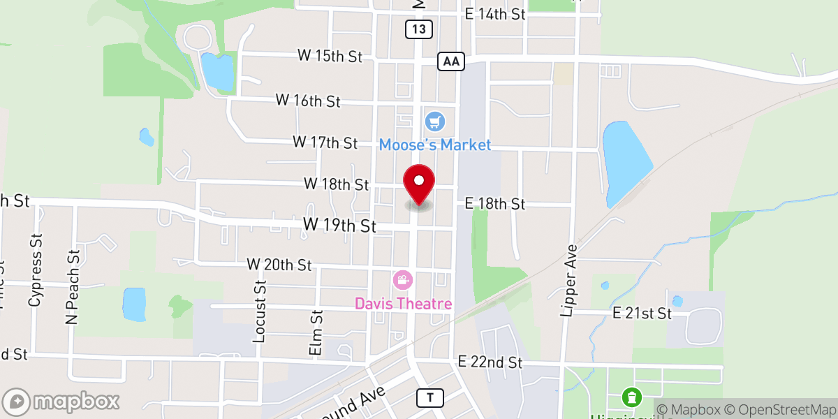 Map showing location of Higginsville Chamber of Commerce