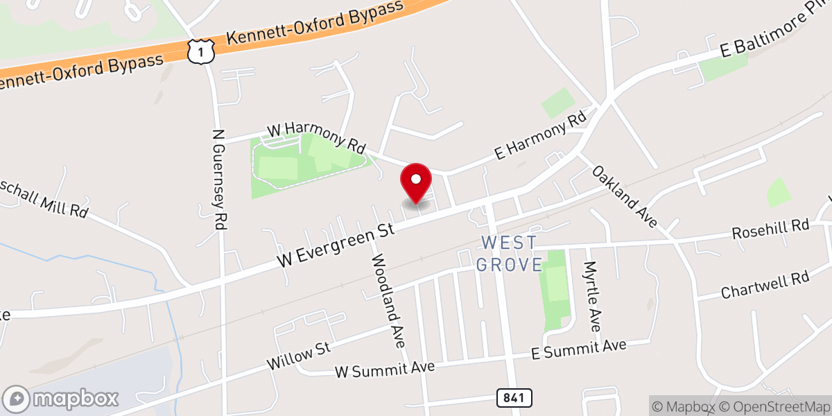 Map showing location of West Grove Presbyterian Church