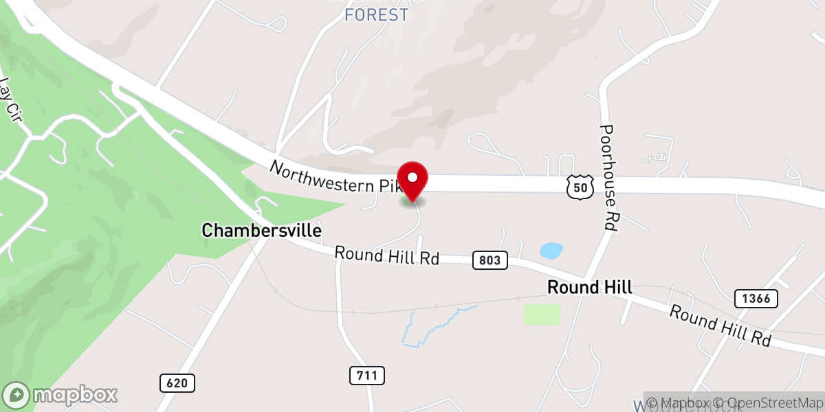 Map showing location of Round Hill Church