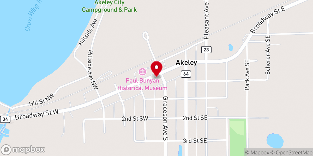 Map showing location of Akeley Township Hall