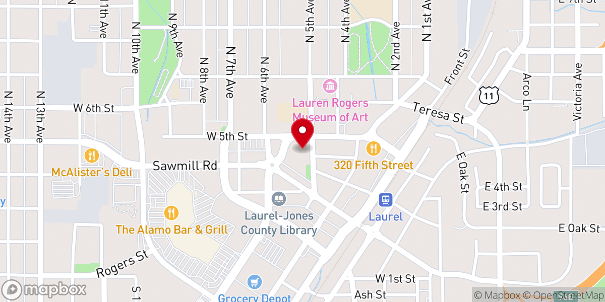 Map showing location of First United Methodist Church of Laurel