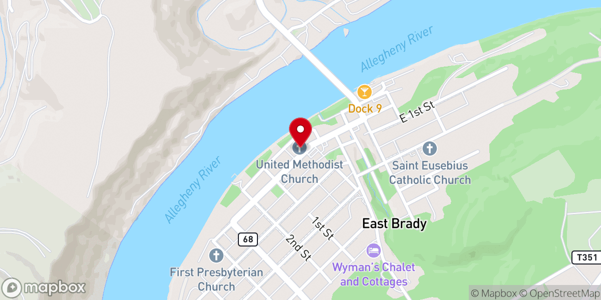 Map showing location of East Brady United Methodist Church