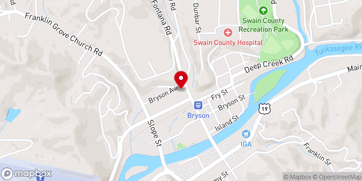 Map showing location of Bryson City Presbyterian Church