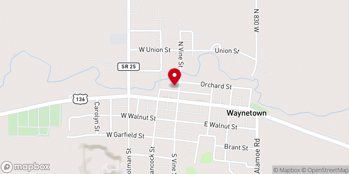 Map showing location of Waynetown Town Hall