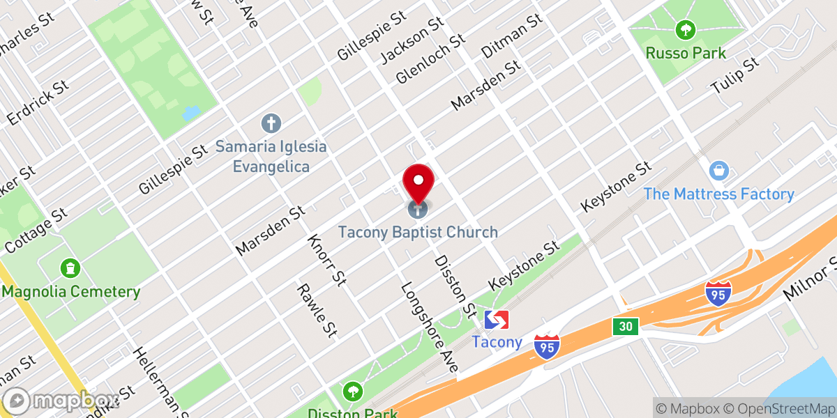 Map showing location of Tacony Baptist Church