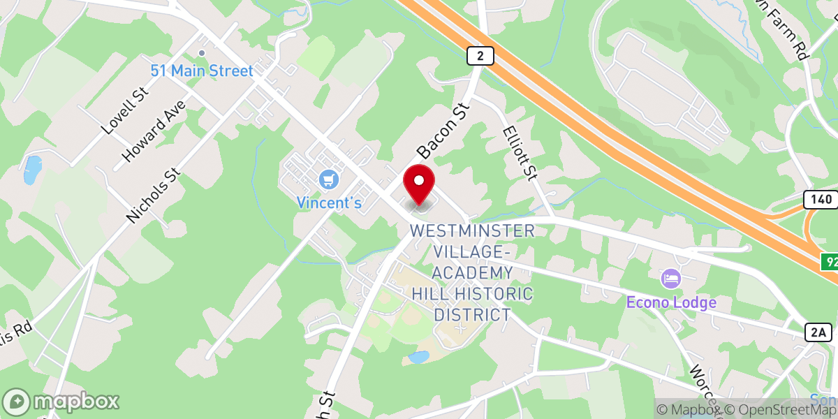 Map showing location of First Congregational Church of Westminster, MA