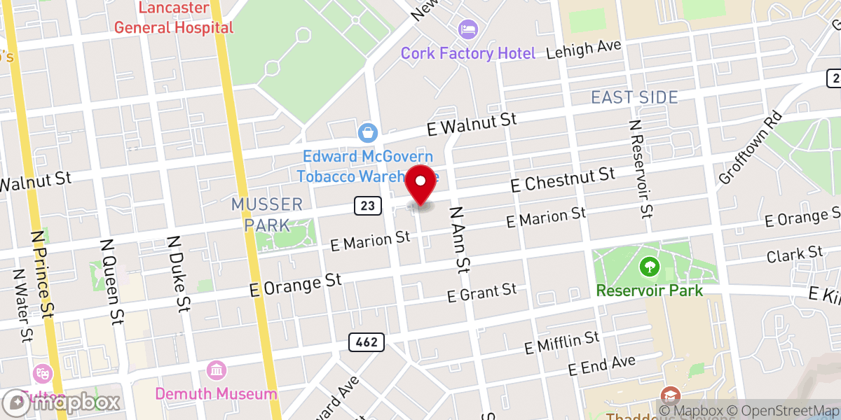Map showing location of East Chestnut Street Mennonite Meetinghouse